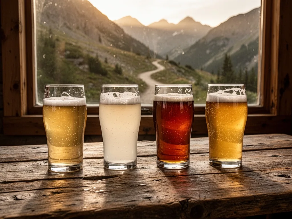 Four beer glasses lined up on a weathered wooden table: pale blonde, cloudy white, deep amber, hazy IPA