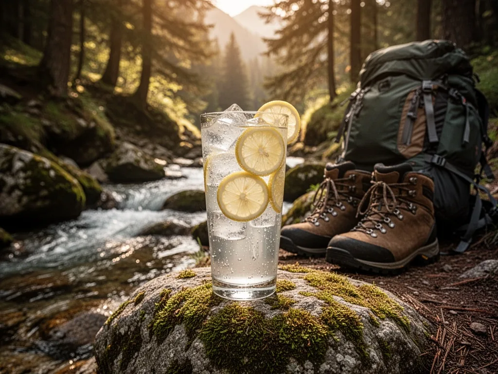 A tall glass of lemonade with ice and lemon slices on a mossy rock near a stream