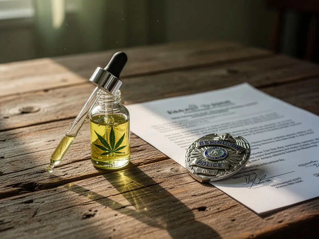 A transparent glass dropper bottle of CBD oil on a rustic wooden table, a polished police badge and an official-looking 