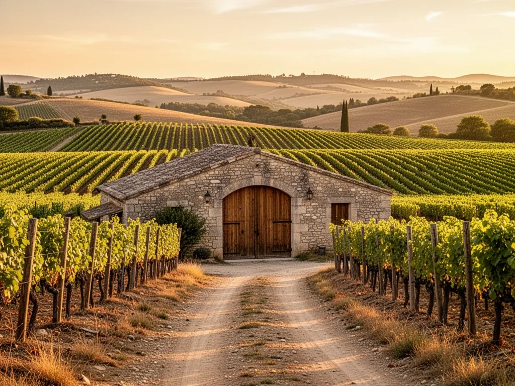 A stone cuverie with large wooden doors amid endless vineyard rows, rolling hills under golden late-afternoon sun, dusty