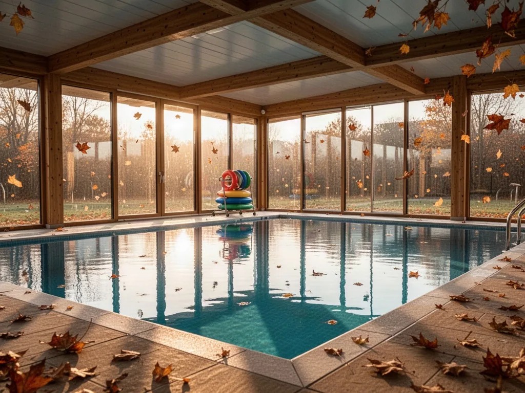 A covered swimming pool with panoramic glass walls, warm afternoon light reflecting on the water surface, a few swim flo