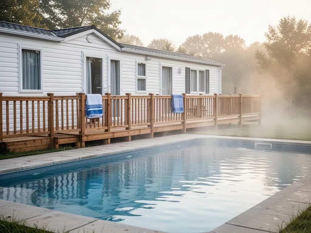 A white mobile home with a wooden deck facing a rectangular swimming pool, folded beach towels on the railing, soft morn