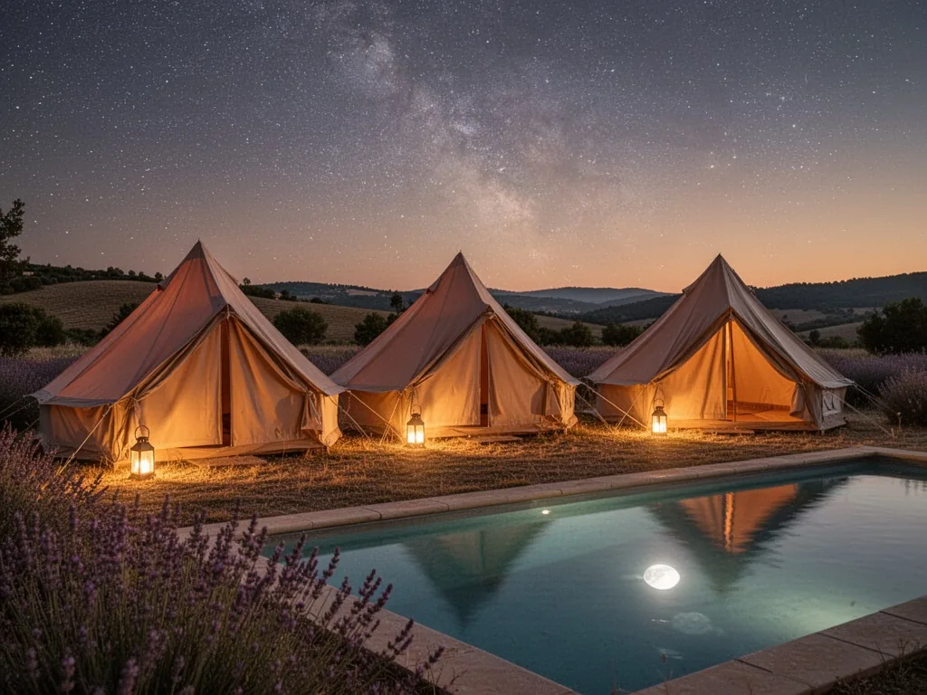 Three distinct camping tents arranged in a row under a starlit sky, each with a small glowing lantern, a heated pool ref