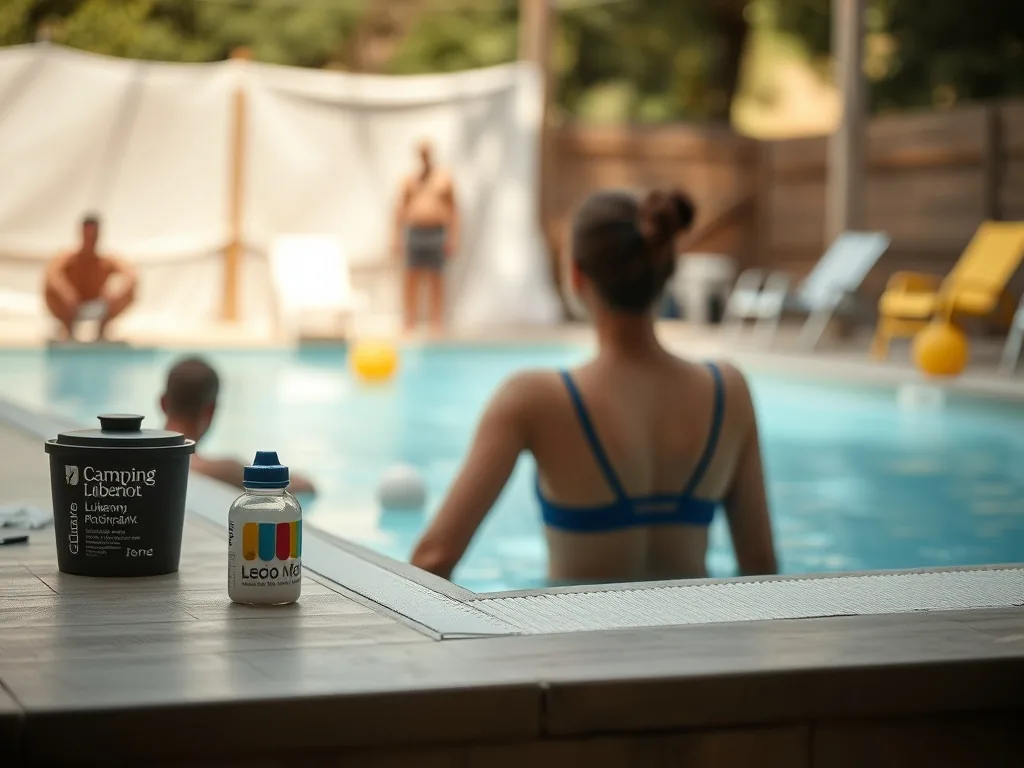 Vue aérienne d'une piscine chauffée dans un camping du Luberon, entourée de transats et de cyprès, avec un ciel bleu de Provence à l'arrière-plan
