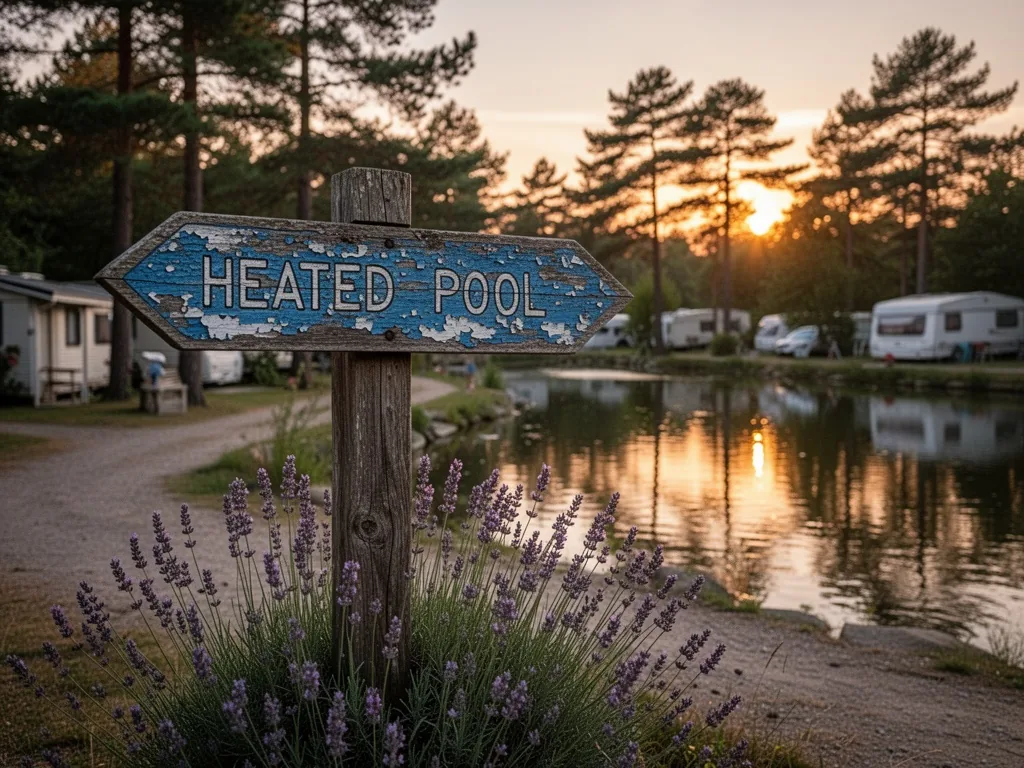 A weathered wooden signpost pointing toward the heated pool, with peeling blue paint and wild lavender growing at its ba