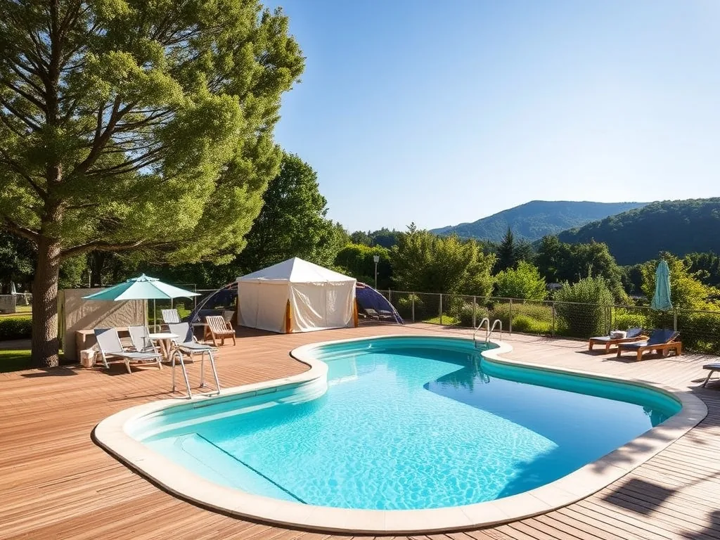 Vue d'une piscine de camping chauffée en Ardèche avec transats et toboggans, entourée de collines boisées
