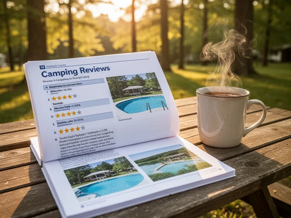 A printed camping review page with star ratings and pool photos, held open on a picnic table, steaming mug of tea beside