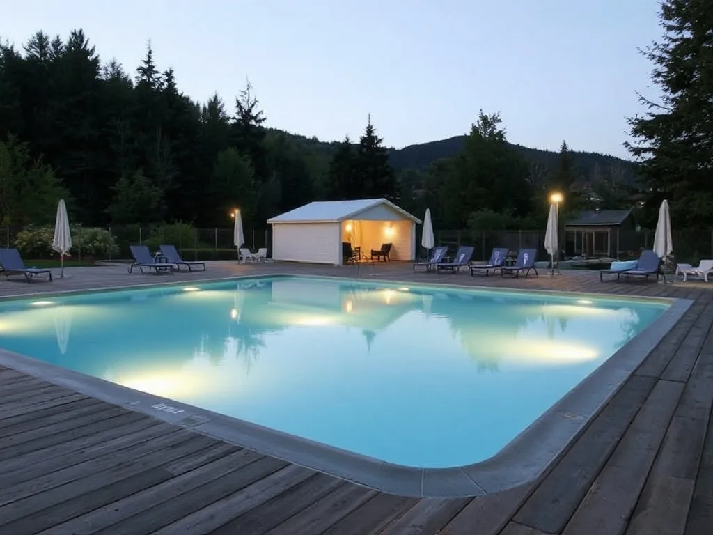 Famille nageant dans la piscine chauffée d'un camping avec vue sur les volcans d'Auvergne