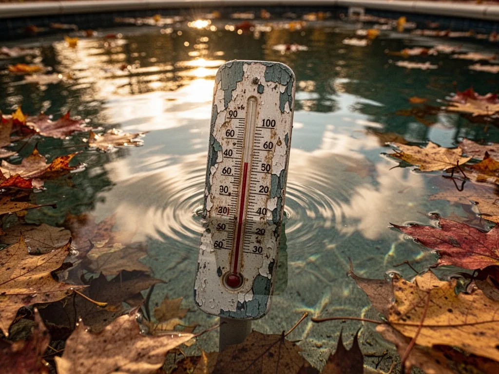 A pool thermometer with chipped paint and faded markings, half-submerged in clear water surrounded by fallen autumn leav