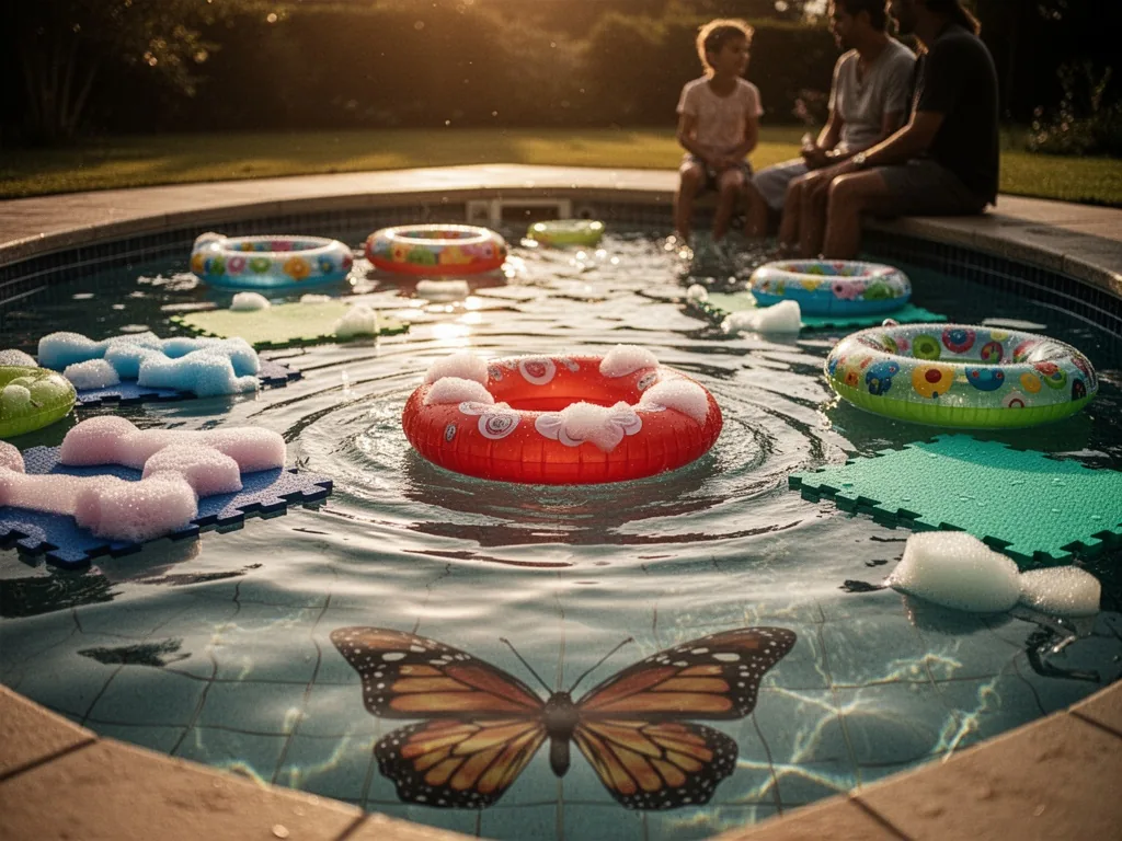 A shallow family pool with foam water toys and soft safety mats, colorful floating rings, gentle ripples, sunlit water,