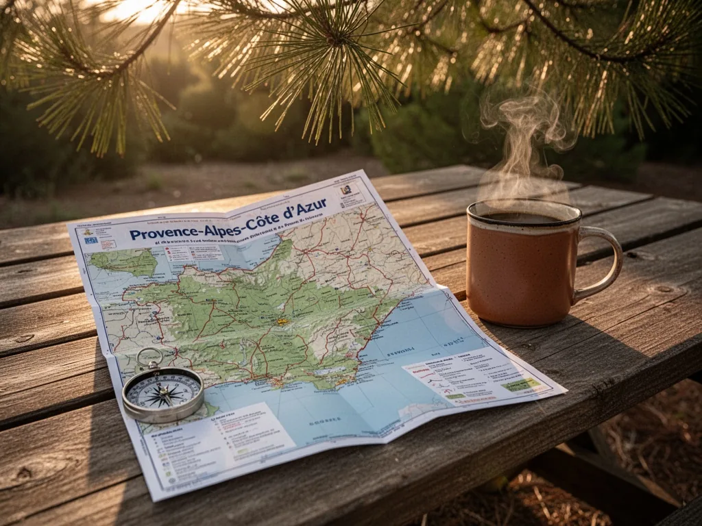 A folded map of Provence-Alpes-Côte d’Azur on a wooden picnic table, a compass and a steaming mug of coffee beside it, s