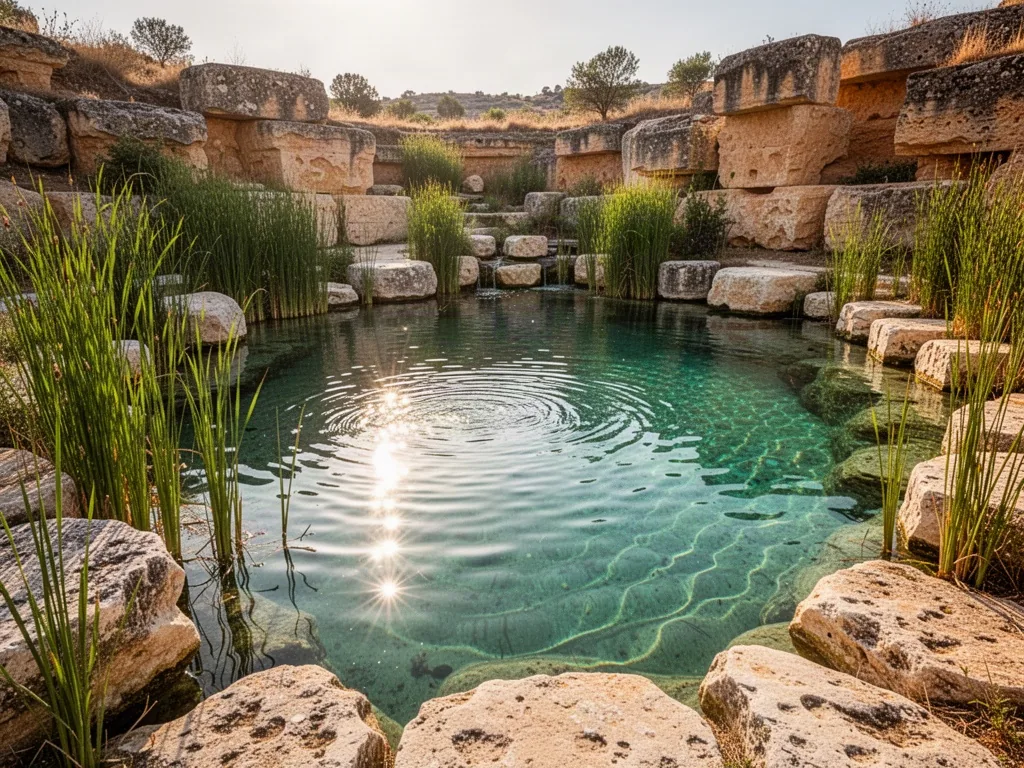 A natural swimming pond framed by limestone rocks and green reeds, clear turquoise water with sun reflections on the sur