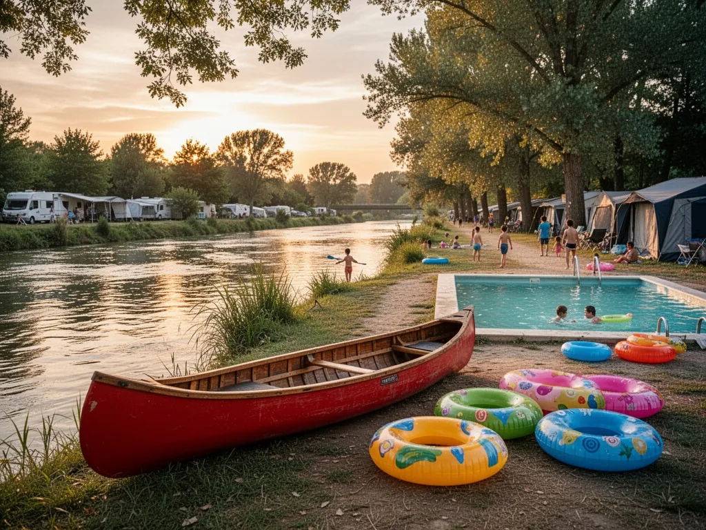A red canoe resting on the Loire riverbank near a campsite pool, colorful floating rings, children playing in the distan
