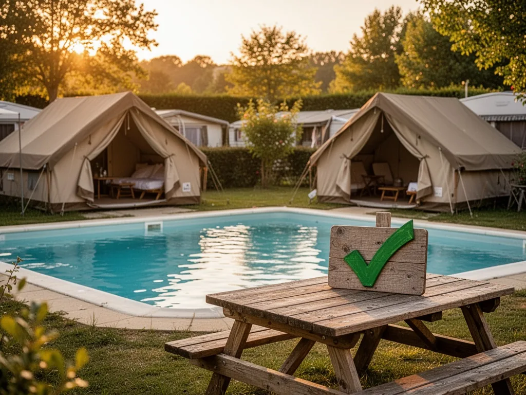 A sunlit swimming pool in a French campsite, two canvas tents with open doors, a wooden sign with a green checkmark on a