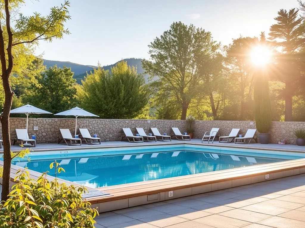 Famille se baignant dans la piscine d'un camping au Puy-en-Velay, avec la statue de Notre-Dame de France en arrière-plan sous le soleil