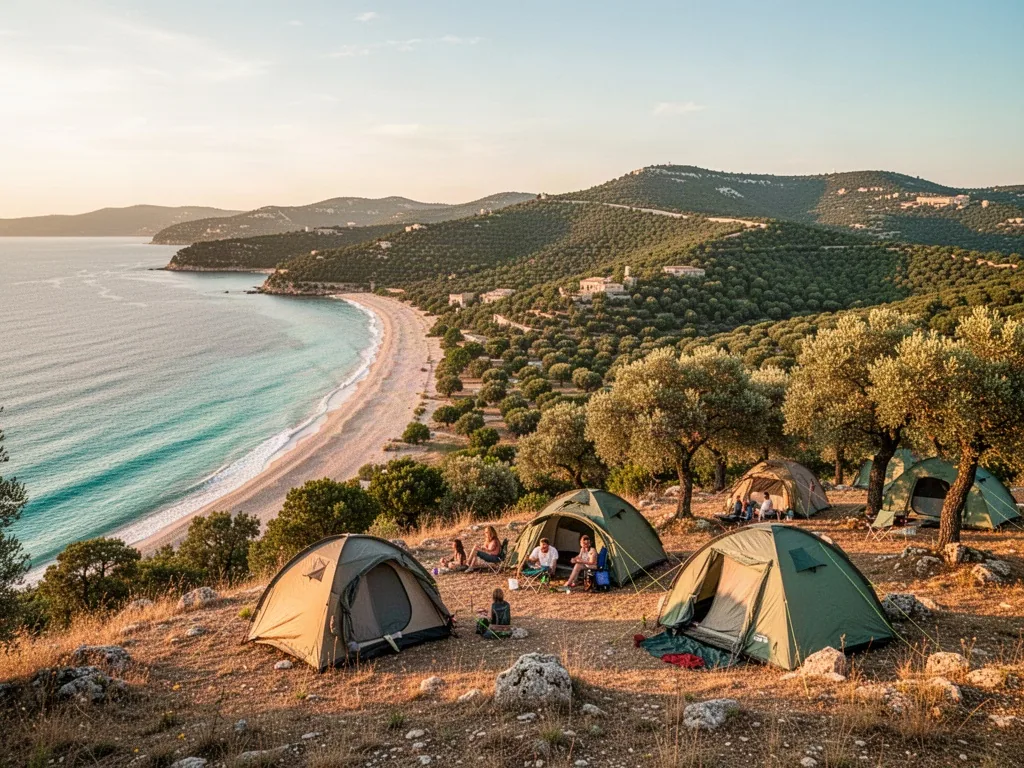 A panoramic hilltop campsite view, left side Mediterranean coastline with sandy beach and turquoise water, right side gr