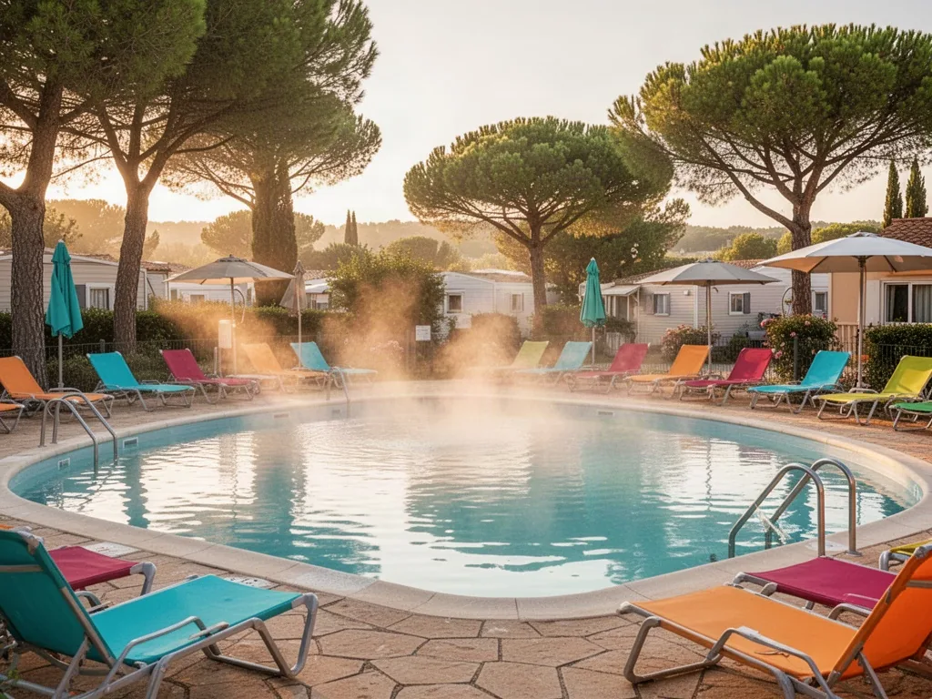 A heated outdoor swimming pool at a Provençal campsite, gentle steam rising from the water, colorful loungers and umbrel