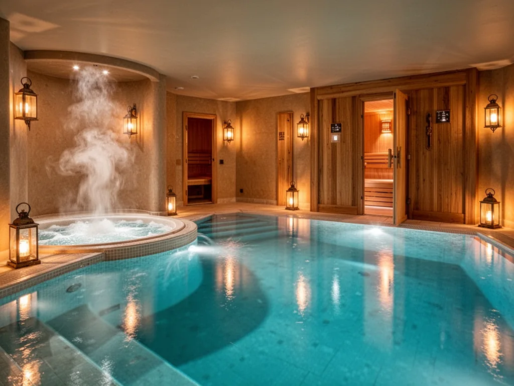 A wide view of an indoor pool with a jacuzzi at the side, steam rising from a hammam corner, wooden sauna door open slig