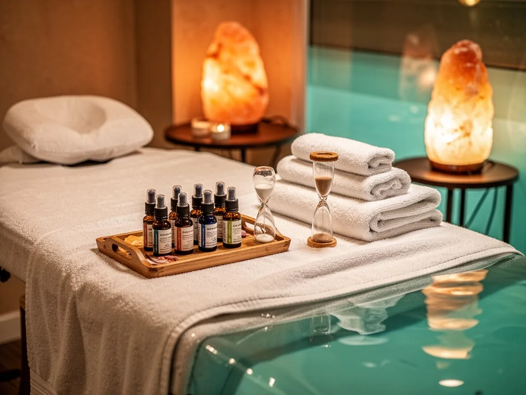 A cushioned spa treatment bed with a neatly arranged tray of essential oils and folded towels, a small hourglass timer, 