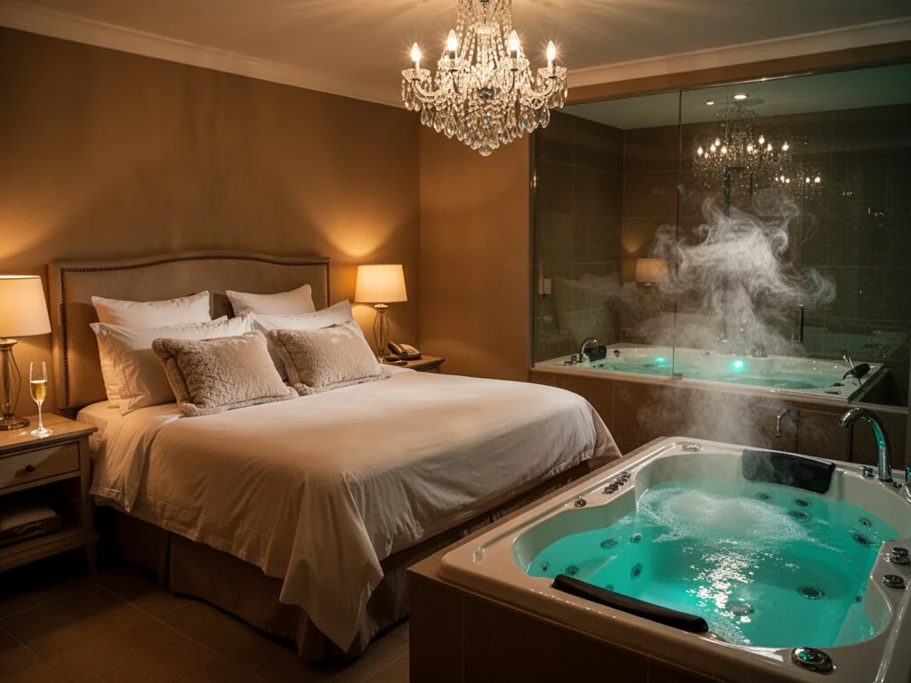 A king-sized bed with white linen and plush pillows, a private jacuzzi tub nearby filled with steaming water, dim mood l