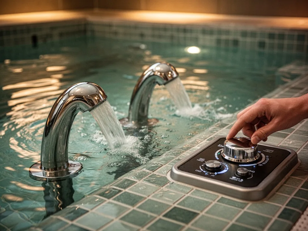 A close-up of chrome hydrotherapy jets emitting gentle streams of water into a tiled pool, soft ripples on the surface, 