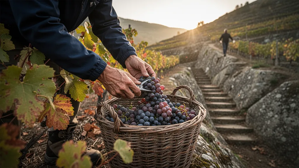 Coteaux escarpés de Cornas couverts de vignes avec vue sur la vallée du Rhône en arrière-plan