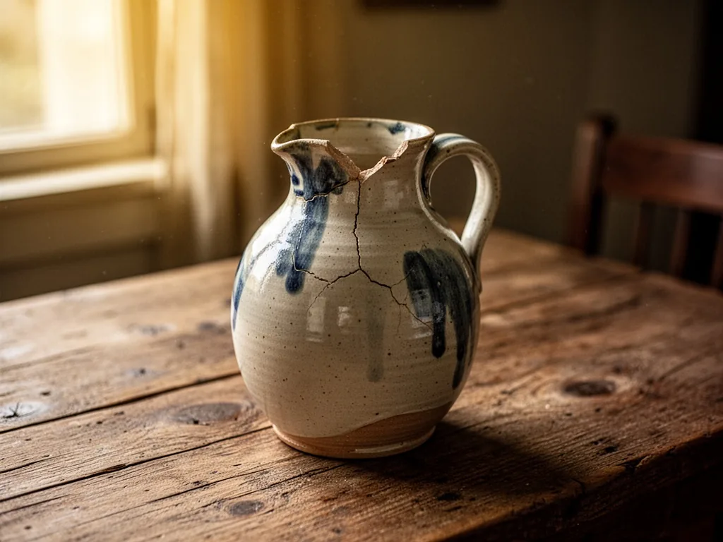 A hand-thrown ceramic olive oil jug with tiny cracks and a chipped rim, placed on a weathered oak table, diffuse morning