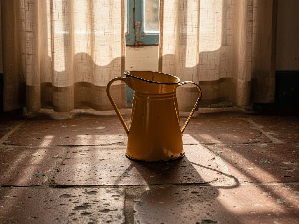 A yellow enameled metal pitcher casting a sharp shadow on a faded stone floor, warm afternoon sunlight filtering through