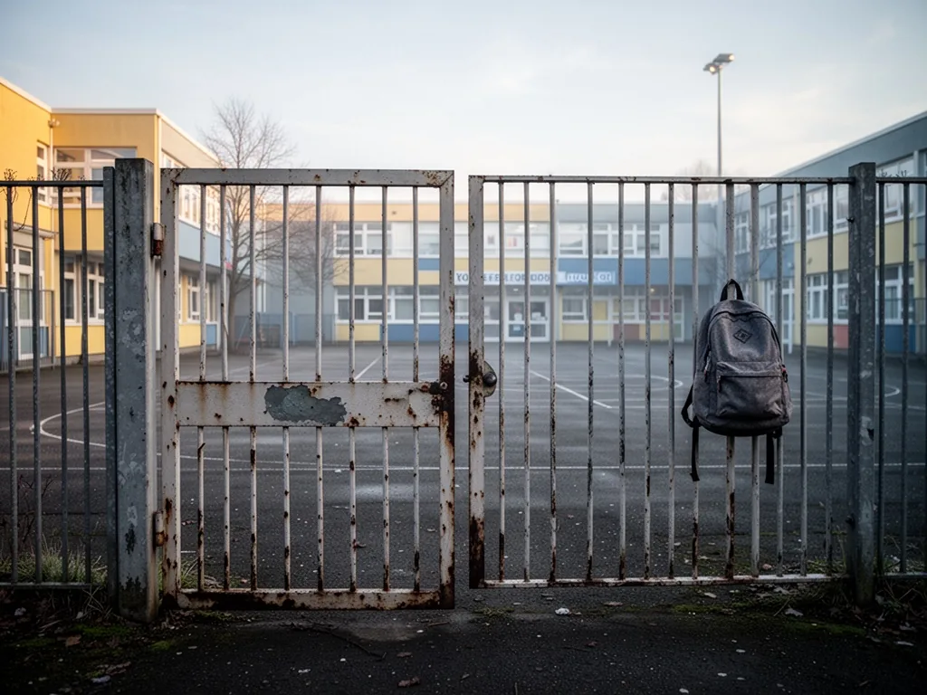 A worn schoolyard gate opening onto an empty secondary school courtyard, a single backpack hanging from a fence, cold mo