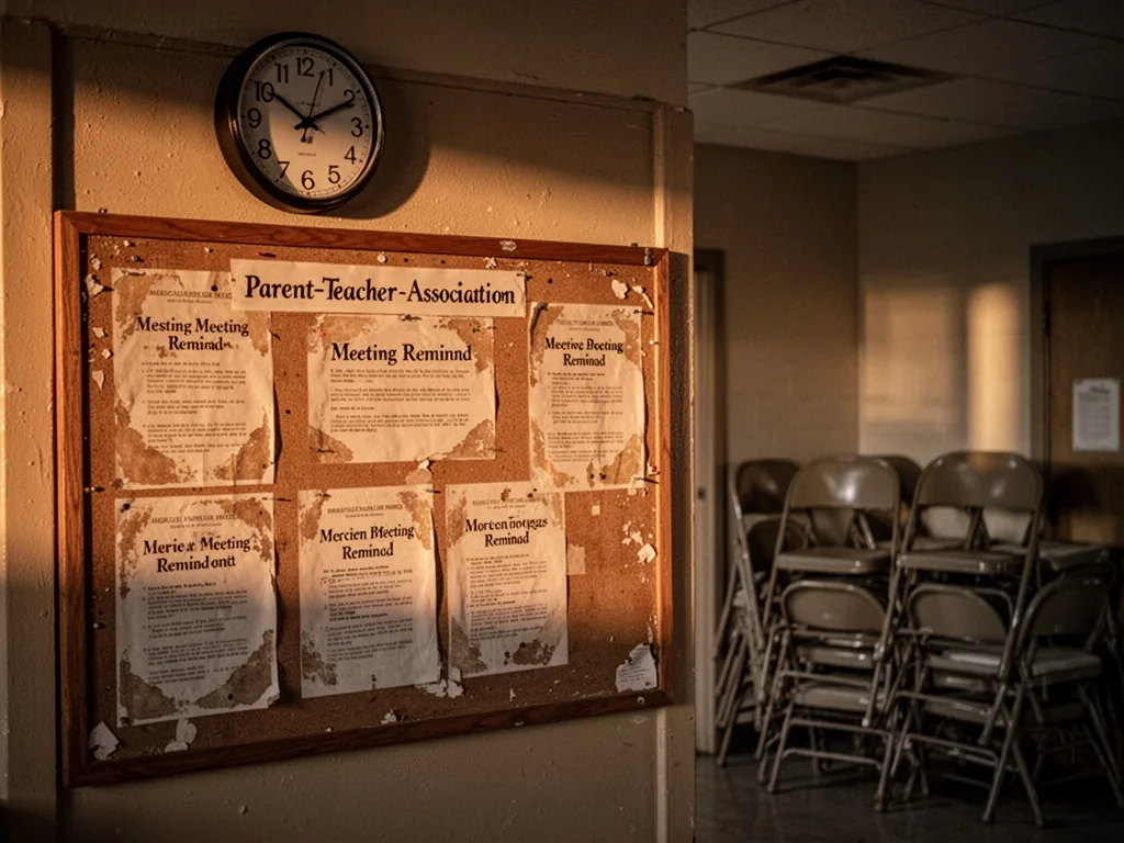 A parent-teacher association notice board with faded meeting reminders and a clock showing late evening, empty folding c
