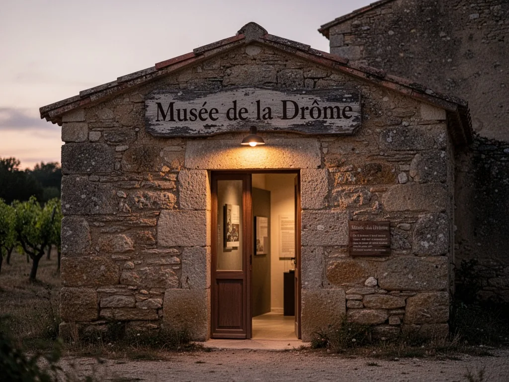 A small stone museum entrance with a weathered sign 'Musée de la Drôme', a single warm lamp illuminating the door frame,