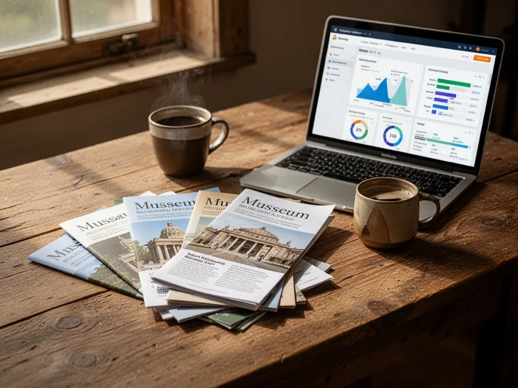 A wooden desk with a scattered stack of museum brochures, a coffee cup, and a laptop showing a marketing dashboard, natu