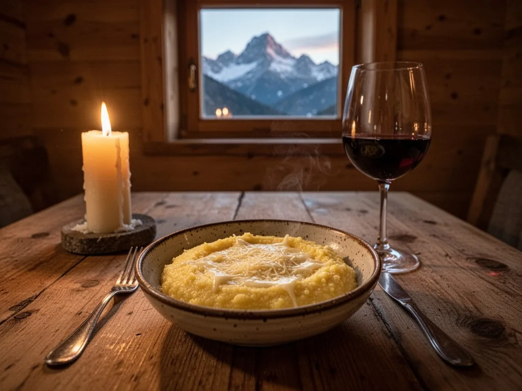 A wooden table set with a bowl of polenta and melted cheese, a glass of red wine, candlelight flickering, mountain peaks
