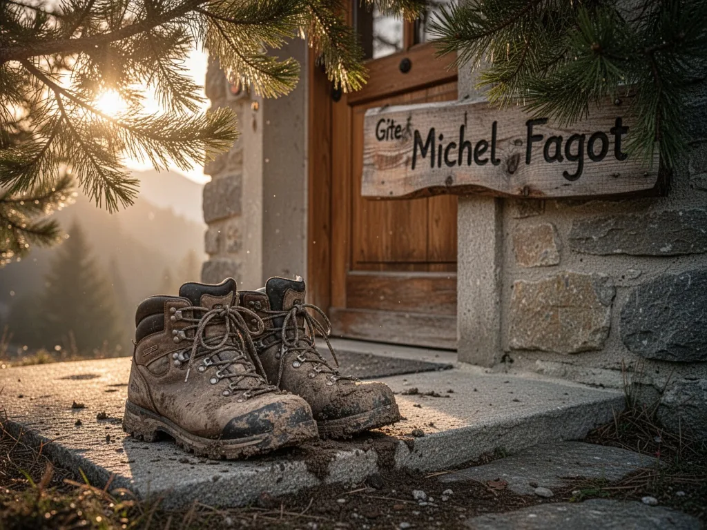 A pair of muddy hiking boots resting on a stone doorstep, a wooden sign reading Gîte Michel Fagot, late afternoon sun fi