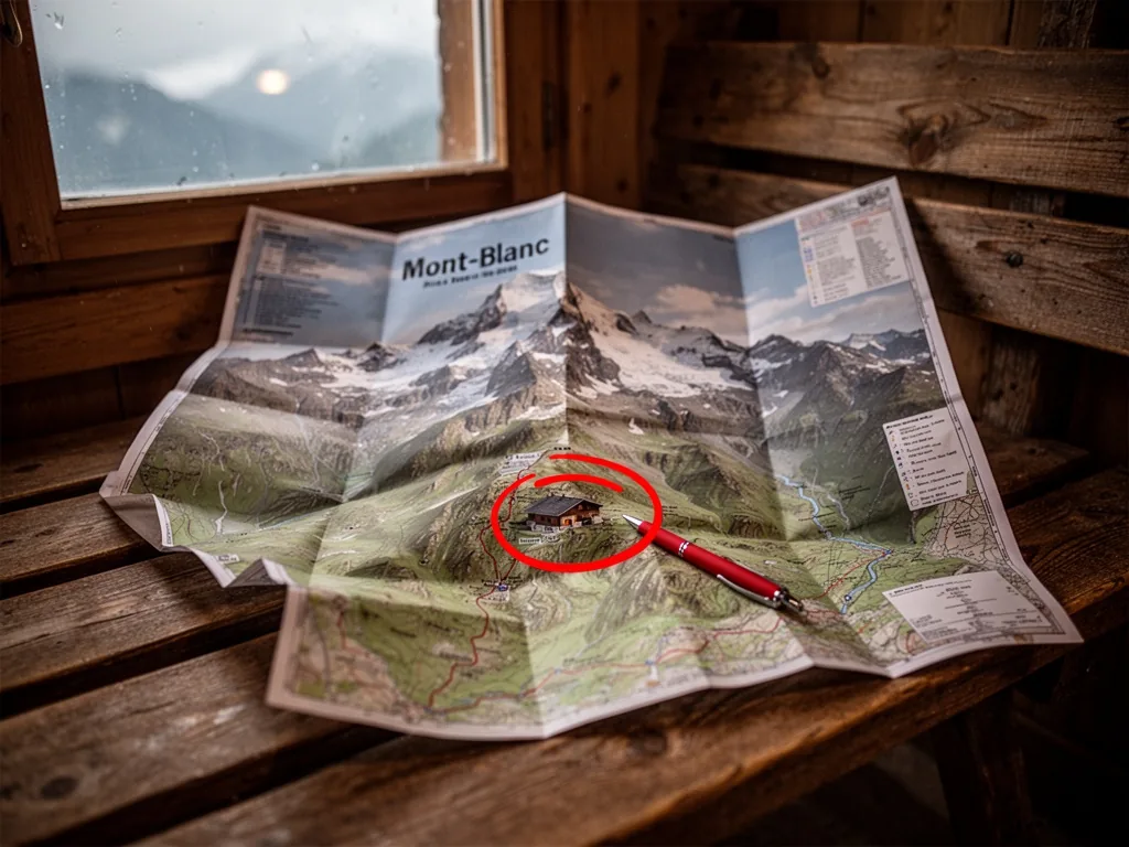 A folded topographic map of the Mont-Blanc trail spread on a wooden bench, a red pen circling a hut, soft overcast dayli