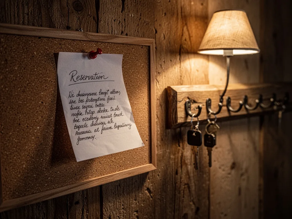 A handwritten reservation note pinned to a corkboard near a wooden key rack with empty hooks, dim warm lamplight casting