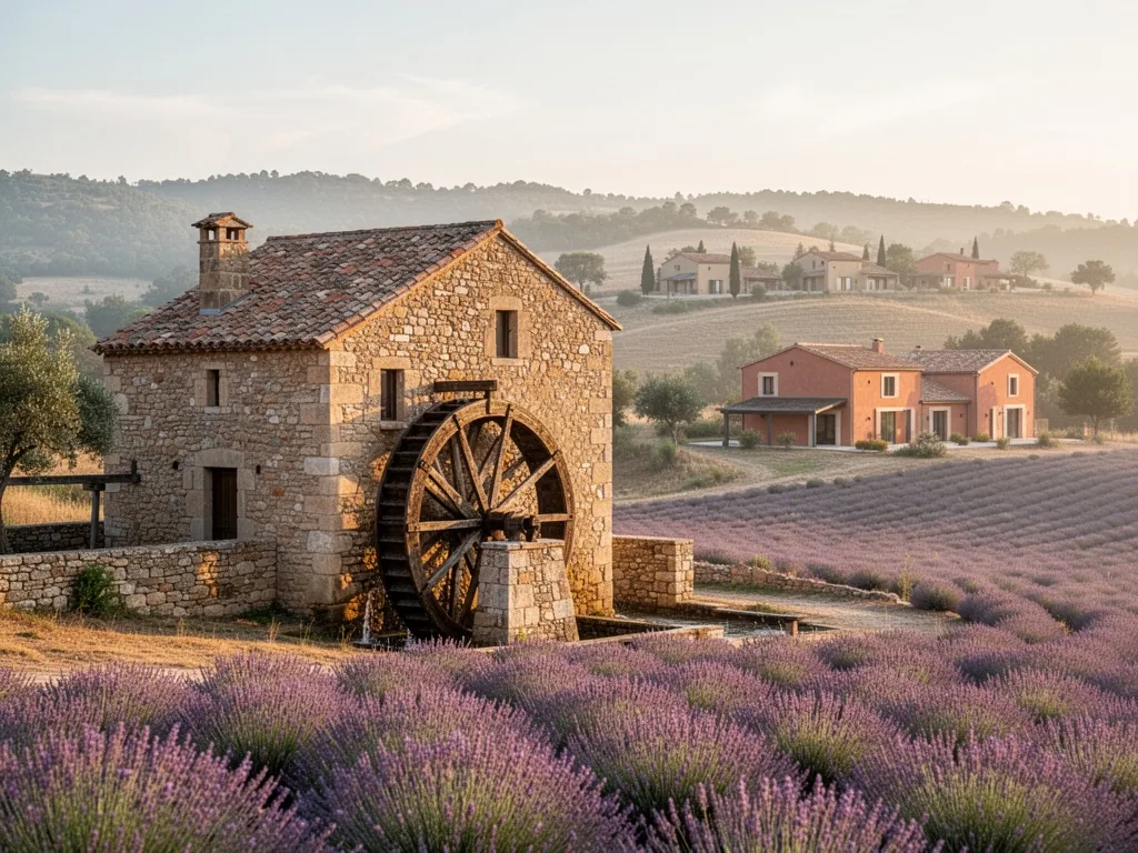 A restored stone mill with a wooden waterwheel stands alone, while modern gîte cottages dot the distant hillside, soft m