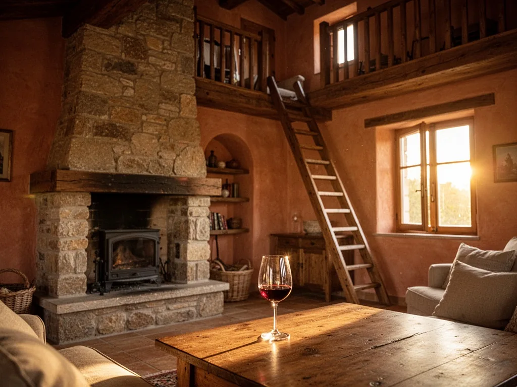 A rustic living room with a stone fireplace and a steep ladder to a loft, a single wine glass on the table, warm golden 