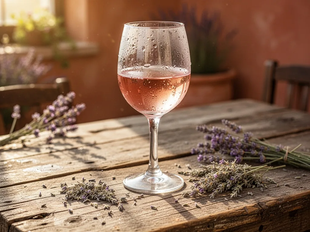 A glass of rosé wine on a worn wooden table, condensation on glass, pale pink liquid catching the afternoon sun, herbs d