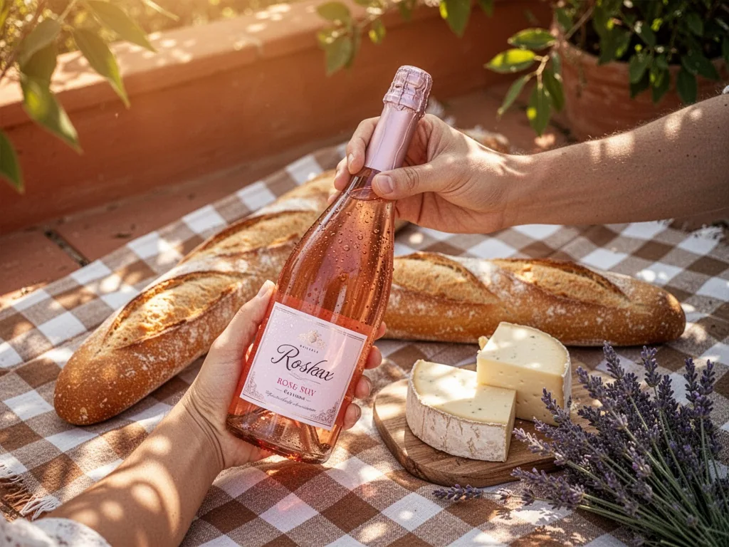 Two hands holding a chilled bottle of rosé over a checkered picnic blanket, a baguette and cheese beside it, dappled sun