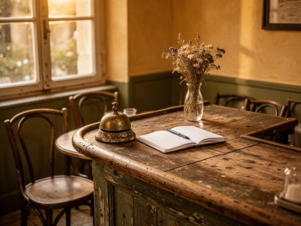 An old wooden bistro counter with a worn brass bell, open notebook, and small vase of dried flowers, warm amber light th