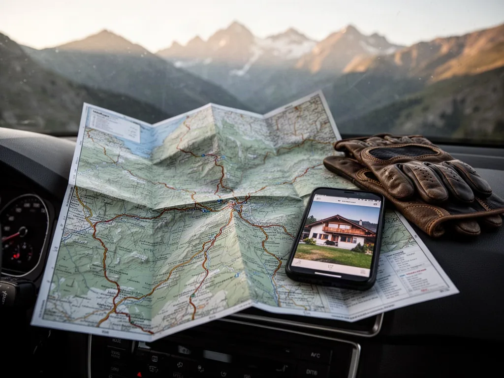 A folded road map spread on a car dashboard, a phone screen displaying a house photo, driving gloves beside, soft mornin