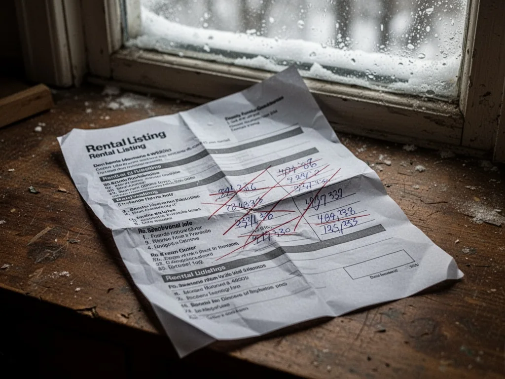 A crumpled rental listing paper with handwritten phone numbers crossed out, lying on a worn wooden desk, weak winter lig