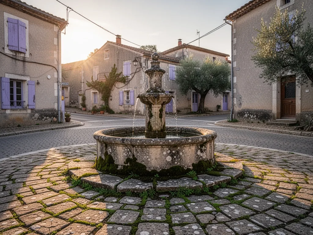 A worn stone fountain at a village crossroads, moss creeping between cobblestones, late afternoon sun casting long shado