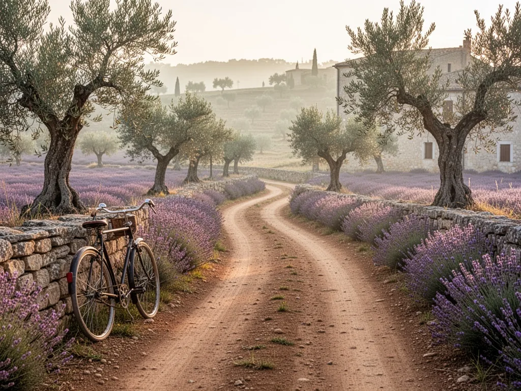 A dusty dirt road curving between lavender fields and olive groves, a vintage bicycle leaning against a stone wall, soft