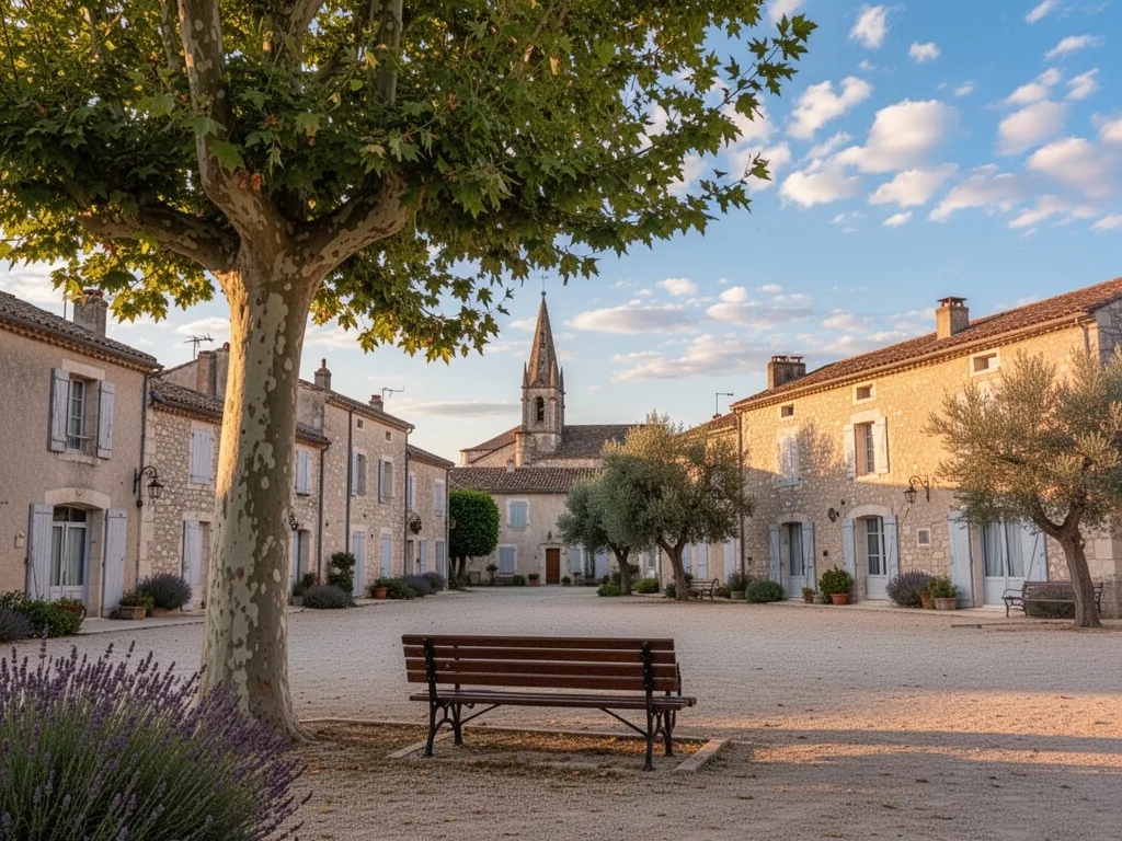 A quiet village square with an empty wooden bench under a plane tree, a distant church spire, soft blue sky with scatter