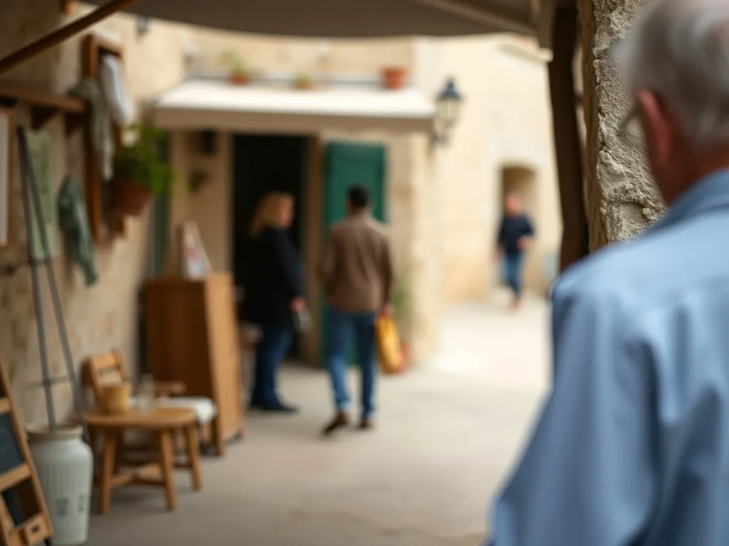 Vue plongeante sur un village perché du Luberon avec des champs de lavande en contrebas, sous un ciel d'été