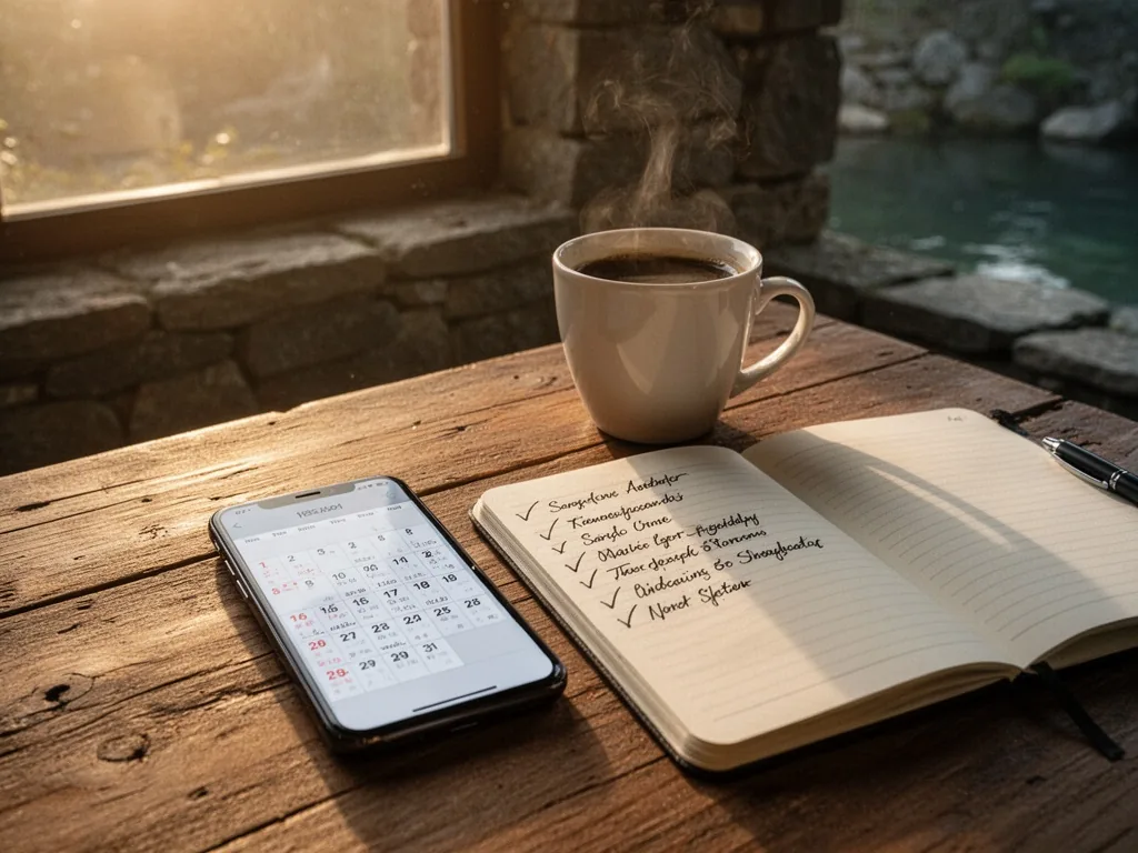 A wooden table with a smartphone showing calendar dates, a white ceramic coffee cup beside an open notebook with handwri