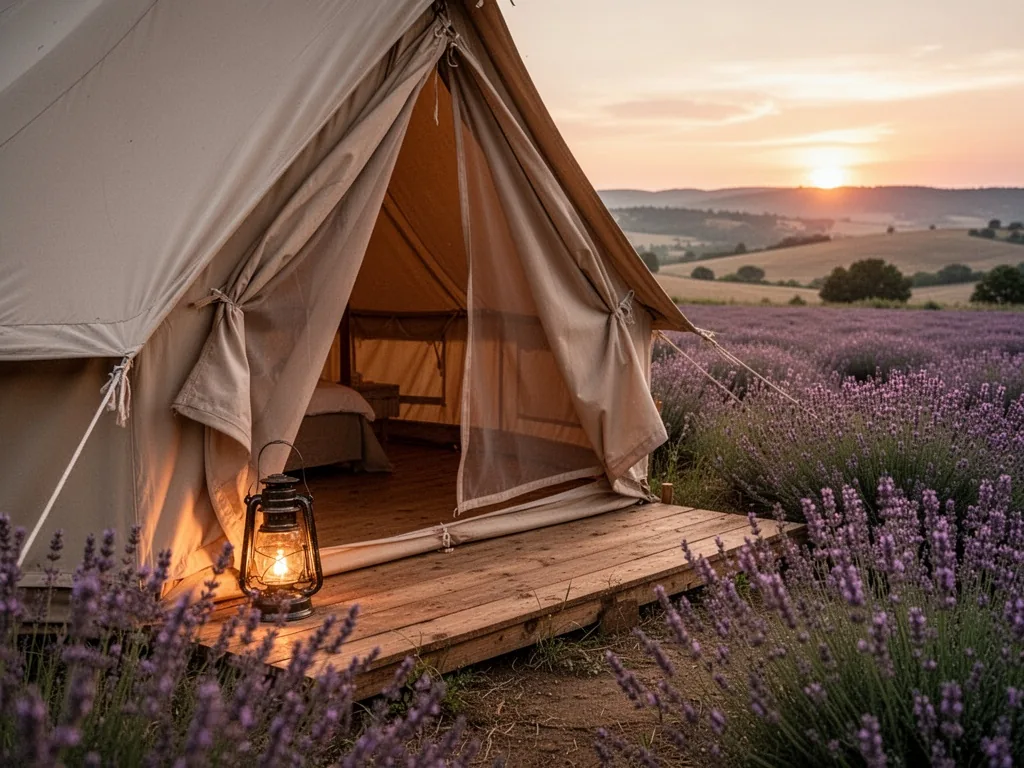 A canvas glamping tent with wooden floor and glowing lantern, set in a lavender field, soft sunset light, distant hills