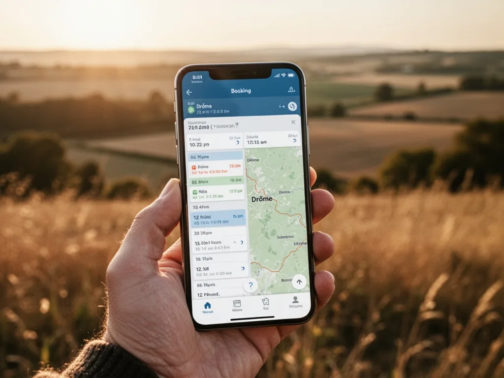 A smartphone held in a hand, screen showing a booking calendar with 'Drôme' map, blurred countryside background, afterno